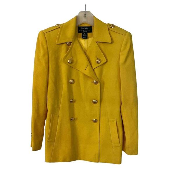 VINTAGE RALPH LAUREN CANARY YELLOW MILTARY GOLD BUTTON BLAZER SZ 6 - Picture 1 of 4